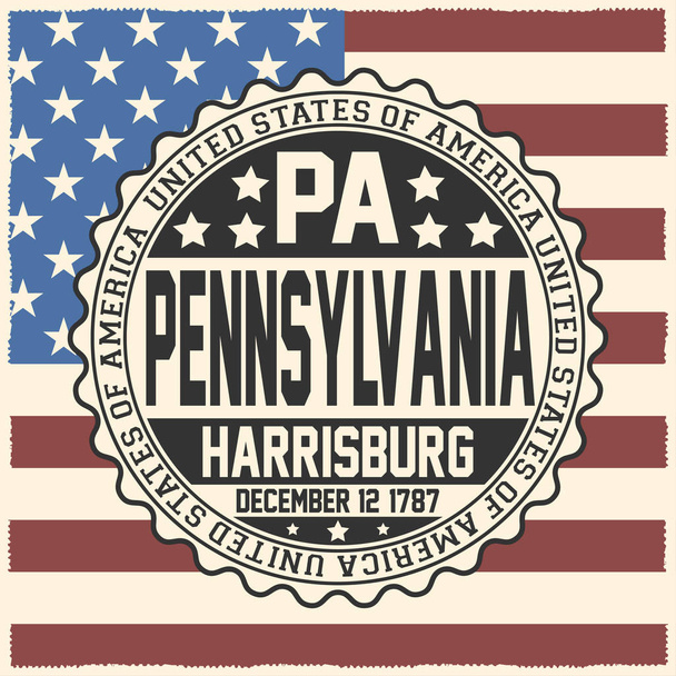 Sello decorativo con texto Estados Unidos de América, PA, Pennsylvania, Harrisburg, 12 de diciembre, 1787 en la bandera de EE.UU.
. - Vector, Imagen