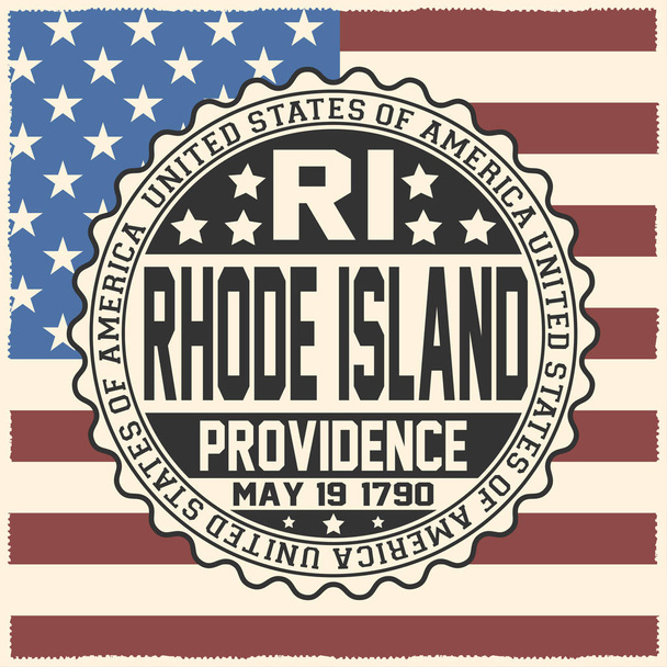 Sello decorativo con texto Estados Unidos de América, RI, Rhode Island, Providence, 19 de mayo de 1790 en la bandera de EE.UU.
. - Vector, Imagen