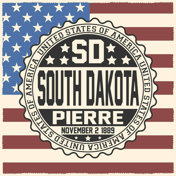 Dekorative Briefmarke mit Text Vereinigte Staaten von Amerika, sd, South Dakota, Pierre, 2. November 1889 auf US-Flagge. - Vektor, Bild