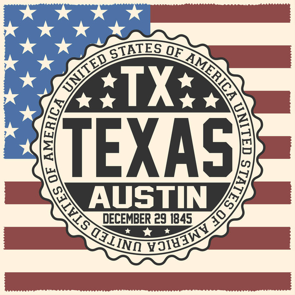 Dekorative Briefmarke mit Text Vereinigte Staaten von Amerika, tx, texas, austin, 29. Dezember 1845 auf US-Flagge. - Vektor, Bild