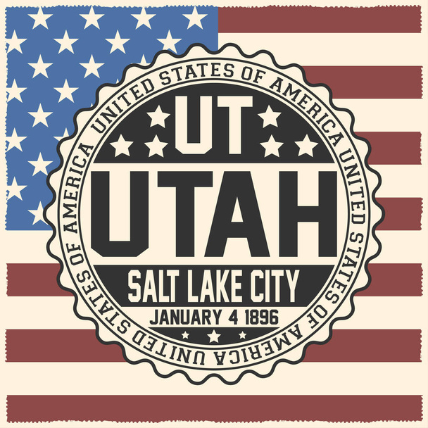 Dekorative Briefmarke mit Text Vereinigte Staaten von Amerika, ut, utah, Salzseestadt, 4. Januar 1896 auf US-Flagge. - Vektor, Bild