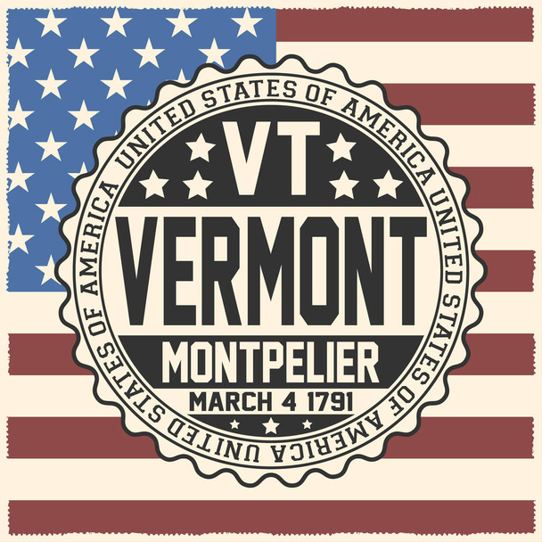 Dekorative Briefmarke mit Text Vereinigte Staaten von Amerika, vt, vermont, montpelier, 4. März 1791 auf US-Flagge. - Vektor, Bild