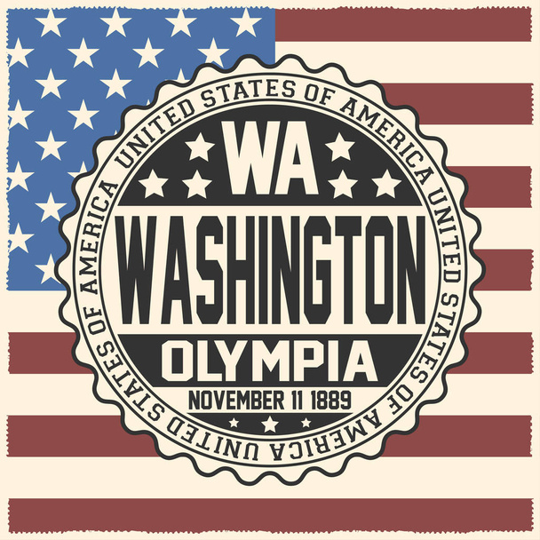 Dekorative Briefmarke mit Text Vereinigte Staaten von Amerika, wa, washington, olympia, 11. November 1889 auf US-Flagge. - Vektor, Bild
