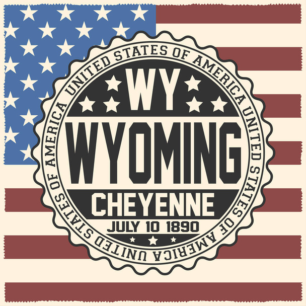 Decorative stamp with text United States of America, WY, Wyoming, Cheyenne, July 10, 1890 on USA flag - Vector, Image