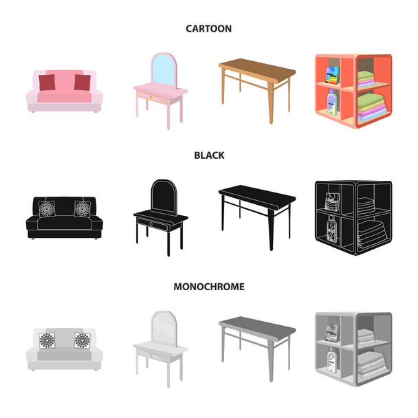 Puha kanapé, WC make-up asztal, étkező asztal, polcrendszerek mosó- és tisztítószer. Bútor és enteriőr készlet gyűjtemény ikonok képregény, fekete, fekete-fehér stílusban izometrikus vector szimbólum raktáron - Vektor, kép