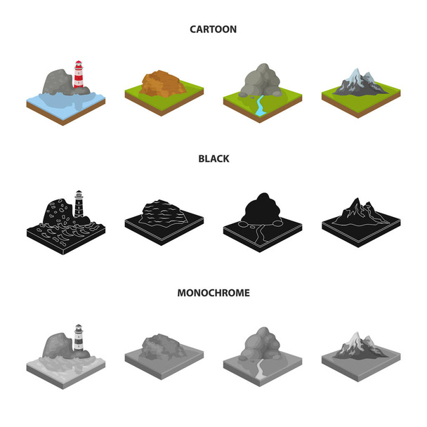 Mountains, rocks and landscape. Relief and mountains set collection icons in cartoon,black,monochrome style isometric vector symbol stock illustration web. - ベクター画像