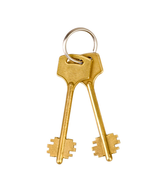 Two house gold keys on keyring isolated over white background - Photo, Image