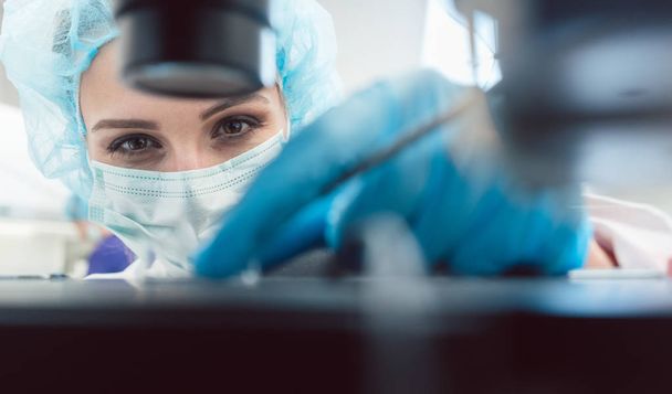 Arzt oder Labortechniker justieren Nadel, um eine menschliche Eizelle zu befruchten - Foto, Bild