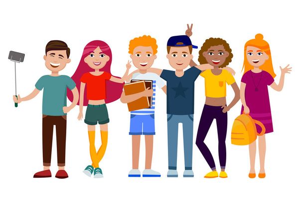 Group of cute happy teenagers having fun, standing together with gadgets, backpacks and books. School students. Set of young people in cartoon style vector flat illustration isolated on white. - Vector, Image