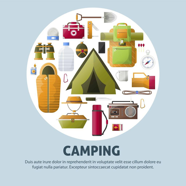 Summer camp poster for scout camping and hiking adventure. Vector camp tent, binoculars or radio and spade, bowler and thermos or spade and flashlight in backpack - Vektor, Bild