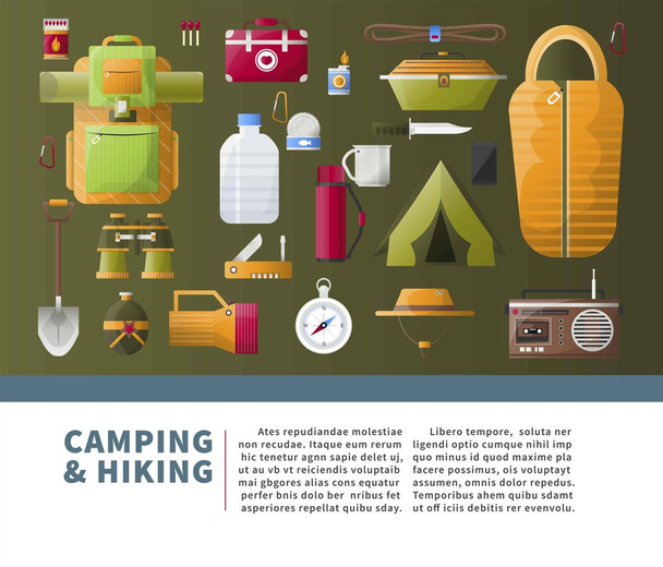 Camping and hiking accessories for scout camp adventure poster. Vector camp tent and sleeping bag, matches for campfire or radio and spade with binoculars in backpack - Vektor, Bild