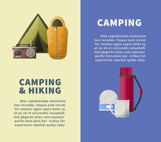 Camping and hiking club information posters templates for summer camp adventure. Vector camping tent, sleeping bag and radio, canned food and water thermos with mug - Вектор,изображение