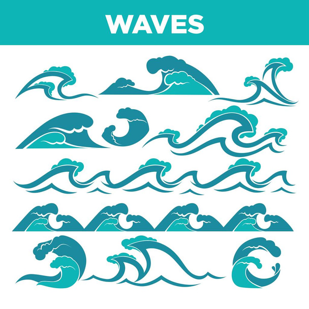 Κύματα των θαλασσών και των ωκεανών κατά τη διάρκεια καταιγίδας ή τσουνάμι. Φυσικά στοιχεία που είναι κοινή σε μοτίβο. Καταγάλανα νερά σε μαίνεται κατάσταση απομονωθεί καρτούν επίπεδη διανυσματικά εικονογραφήσεις συλλογή σε λευκό φόντο. - Διάνυσμα, εικόνα