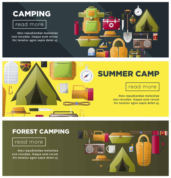 Summer camp web banners for scout camping and hiking travel adventure. Vector camp tent and sleeping bag, radio and spade or first-aid kit and thermos in backpack - Vettoriali, immagini