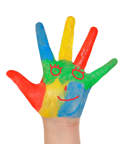 Lapsen käsi täynnä maalia eristetty valkoisella pohjalla
 - Valokuva, kuva
