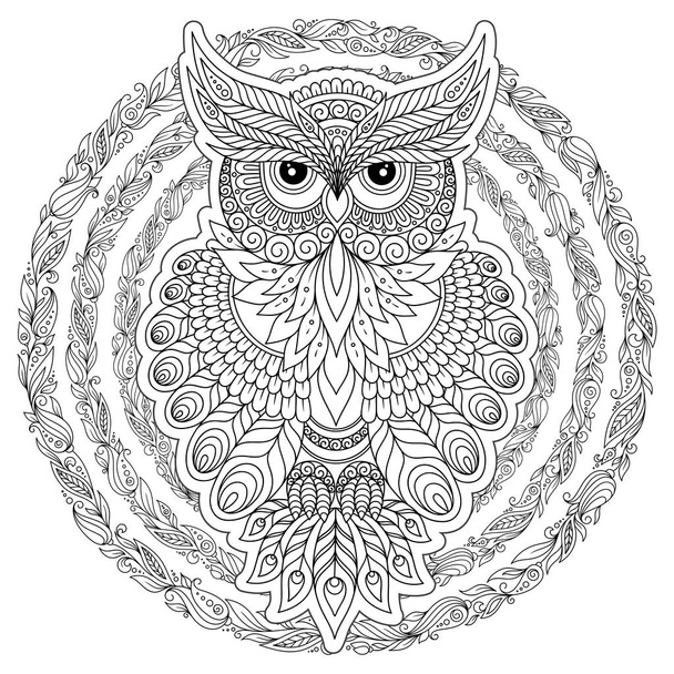  Coloring page with cute owl and floral frame. - Vetor, Imagem