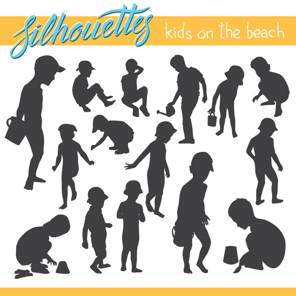 silhouettes of kids on beach . Vector illustration - Vector, Image
