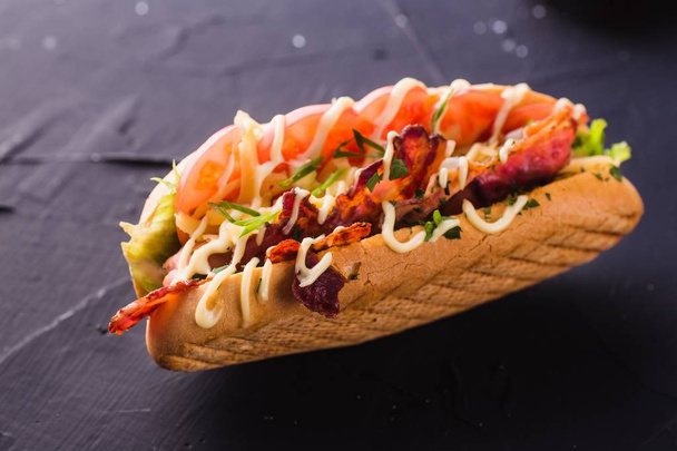 One hot dog on a dark background (close) - Foto, imagen