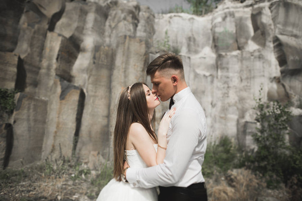 Wedding couple in love kissing and hugging near rocks on beautiful landscape - 写真・画像