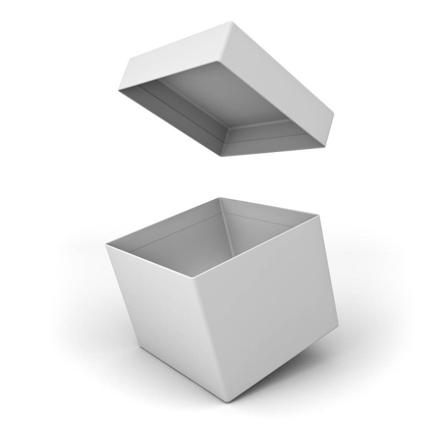 Lege kartonnen doos open met deksel geïsoleerd op een witte achtergrond met schaduw. 3D-rendering. - Foto, afbeelding