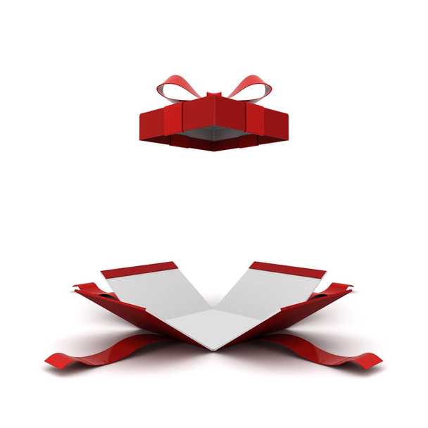 Boîte cadeau ouverte, boîte cadeau rouge avec ruban rouge arc isolé sur fond blanc avec ombre. rendu 3D
. - Photo, image