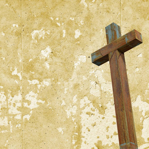 Starý dřevěný kříž na zeď na pozadí. Křesťanské pojetí - Fotografie, Obrázek