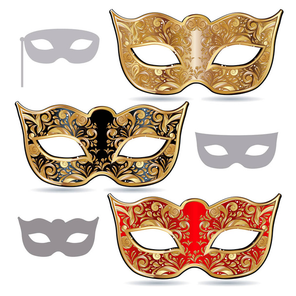 Αποκριάτικες μάσκες, χρυσό, κόκκινο και μαύρο μάσκα διακοσμημένο με στολίδια - Διάνυσμα, εικόνα