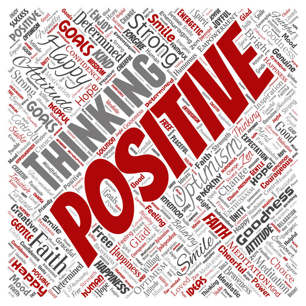 Vektori käsitteellinen positiivinen ajattelu, onnellinen vahva asenne neliön punainen sana pilvi eristetty taustalla. Kollaasi optimismia hymy, usko, rohkeita tavoitteita, hyvyyttä tai onnea inspiraatiota
 - Vektori, kuva