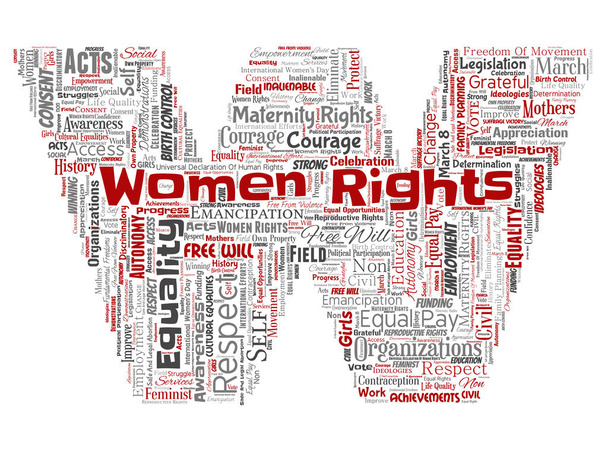 Vektör kavramsal kadın hakları, eşitlik, serbest mektup yazı tipi W kırmızı kelime izole bulut arka plan. Feminizm, güçlendirme, dürüstlük, fırsatları, Farkındalık, cesaret, eğitim, kolaj saygı kavramı - Vektör, Görsel