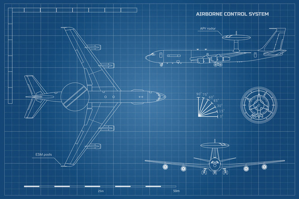 Osnovy plánu vojenských letadel. Horní, přední a boční pohled jet. Armádní letadlo ve vzduchu výstražného a řídícího systému. Průmyslové, samostatný výkres - Vektor, obrázek