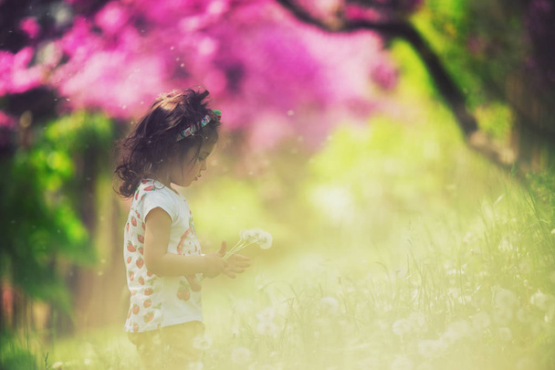 Bel enfant avec fleur de pissenlit dans le parc du printemps. Enfant heureux s'amuser à l'extérieur. - Photo, image