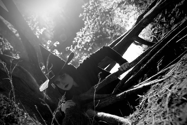 Witch in zwarte punthoed donker bos - Foto, afbeelding