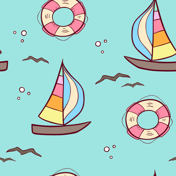Doodle seamless pattern with sailing ship and lifebuoy on a green background. Vector illustration. - Vector, Image