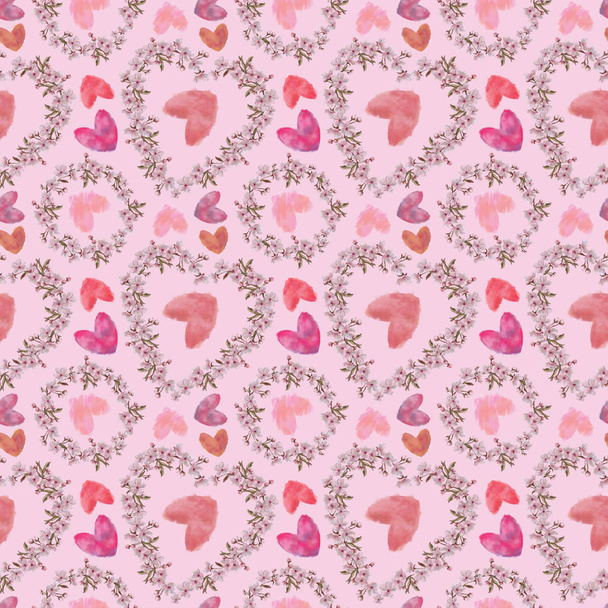 Aquarell bemalte Herzen mit herzförmigen und runden Blumenkränzen. Frühlingskränze und Herzen mit nahtlosem Muster auf rosa Hintergrund. Romantische Muster für Valentinstag, Hochzeit und besondere Anlässe. - Foto, Bild