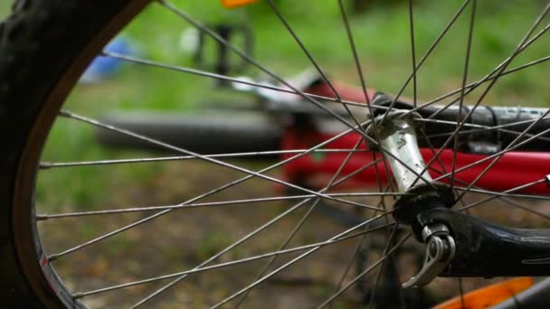 Rueda radial de una bicicleta de montaña volcada. gira libremente vídeo FullHD
 - Imágenes, Vídeo