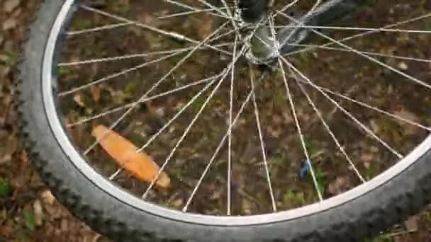 Spoked wheel of an overturned mountain bike. spins freely FullHD video - Footage, Video