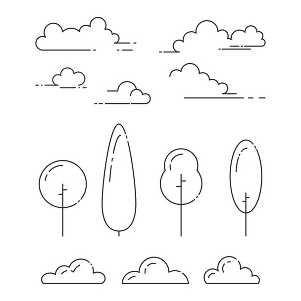 Prvky sady stromů, keřů a mraky v umění s upravitelná stopa izolovaných na bílém pozadí - přírodní park osnovy abstraktní rostliny a sky symboly v vektorové ilustrace. - Vektor, obrázek