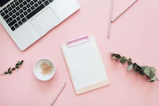 Plat lag office werkruimte met lege laptop, klembord, eucalyptus takken op roze achtergrond. Bovenaanzicht minimale mock sjabloon concept. - Foto, afbeelding