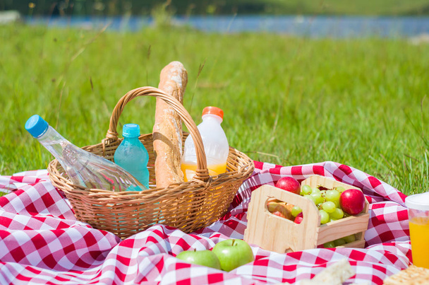 Great concept of pic-nic, pic-nic with fruits and juice on green lawn with beautiful view - Fotoğraf, Görsel