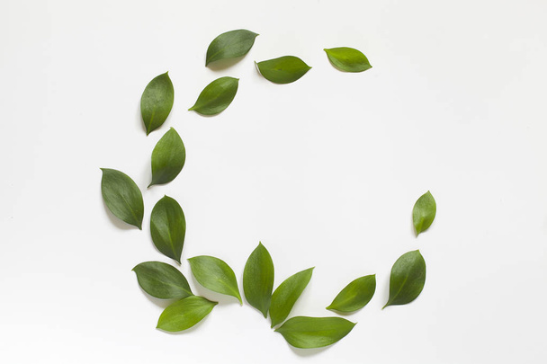 Wreath made of leaves on white background with copy space. Flat lay, top view. - Fotó, kép