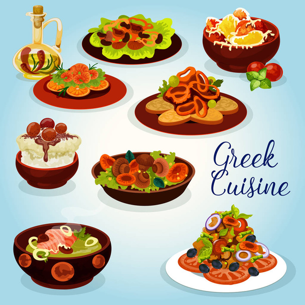 Икона греческой кухни с блюдами средиземноморской кухни
 - Вектор,изображение
