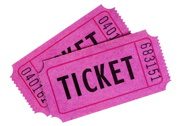 Dos entradas para sorteos o películas de color púrpura o rosa aisladas sobre un fondo blanco
. - Foto, Imagen