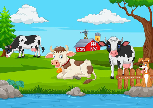 Стадо коров на летнем зеленом поле - Вектор,изображение