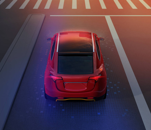 Widok z tyłu (niski kąt) czerwony jazdy na drodze z siateczki wzór Suv retuszowane. ruch w nocy. 3D renderowania obrazu. - Zdjęcie, obraz