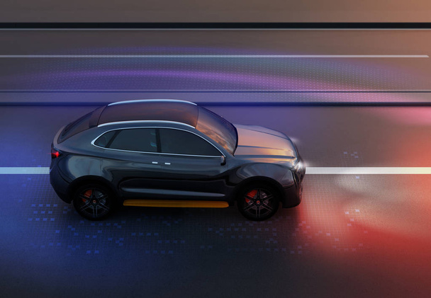 Μερική άποψη του μαύρο Suv οδήγηση στο δρόμο με το μοτίβο του διχτυωτού υλικού μοτίβο retouched. κυκλοφορία νύχτας. εικόνα απόδοση 3D. - Φωτογραφία, εικόνα