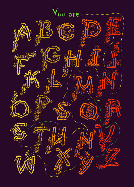 Művészi ábécé a romantikus üzenet titkosított - sunshine. Sárga, narancssárga és piros betűk könnyed dekorációval. Fekete háttér. Vektoros illusztráció - Vektor, kép
