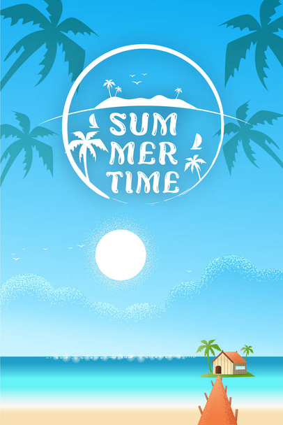 Beach sea with villa beautiful vertical hotel seaside concept Text for travel agents. Summer offers Vector texture style concept illustration. - Vetor, Imagem