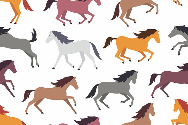 Χωρίς ραφή πρότυπο με τα πολύχρωμα άλογα. επίπεδη στυλ. απομονωμένα σε λευκό φόντο - Διάνυσμα, εικόνα
