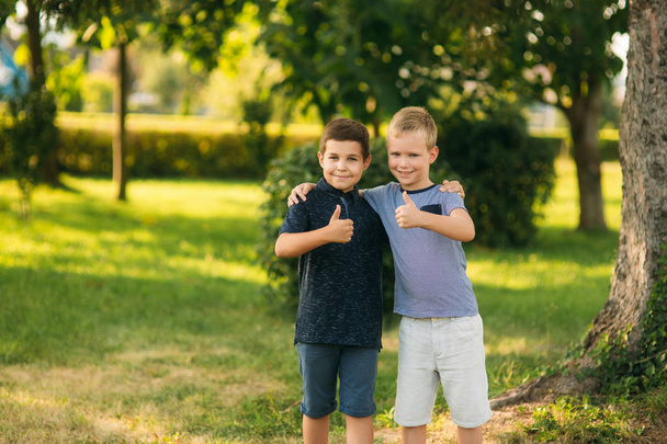Двое детей играют в парке. Два прекрасных мальчика в футболках и шортах веселятся улыбаясь
 - Фото, изображение