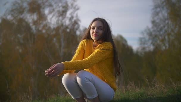Giovane donna felice con i capelli lunghi seduta sull'erba nella foresta
 - Filmati, video